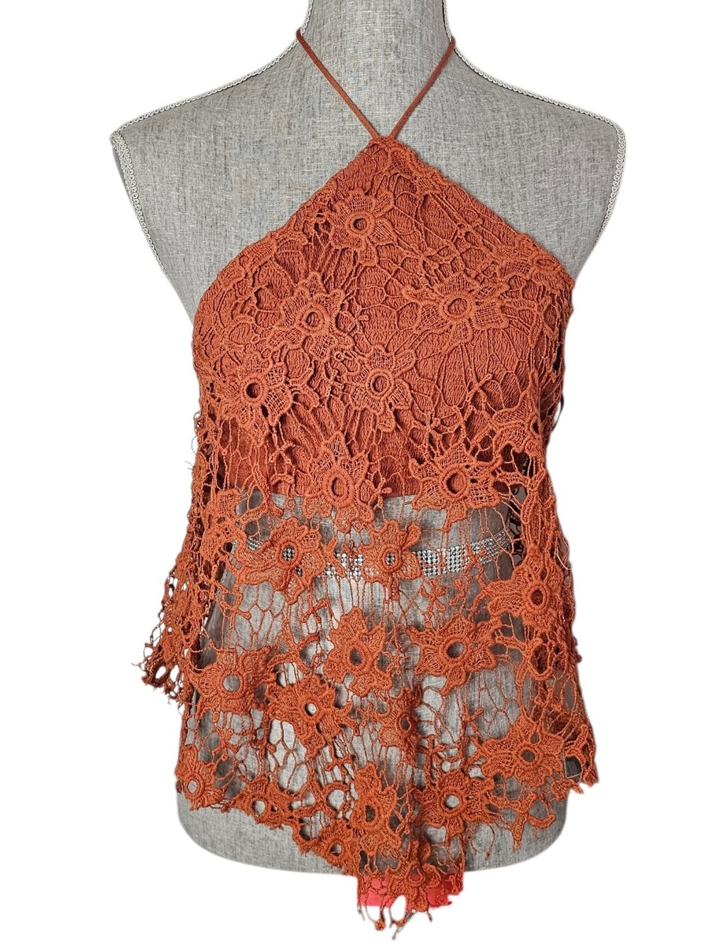 Free People Seychelle Halter Top Size M Rust Orange Crochet Boho Festival Beach